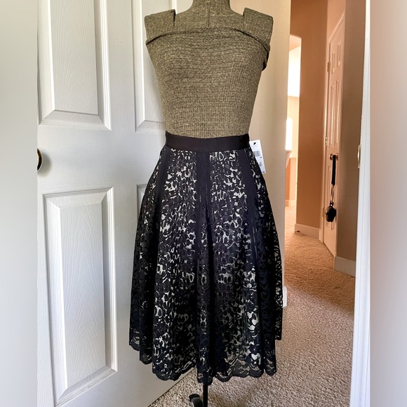 DKNY Black Lace Overlay A-Line Silk Skirt Full Cocktail Chic Sheer Size 10 NWT - Picture 1 of 7